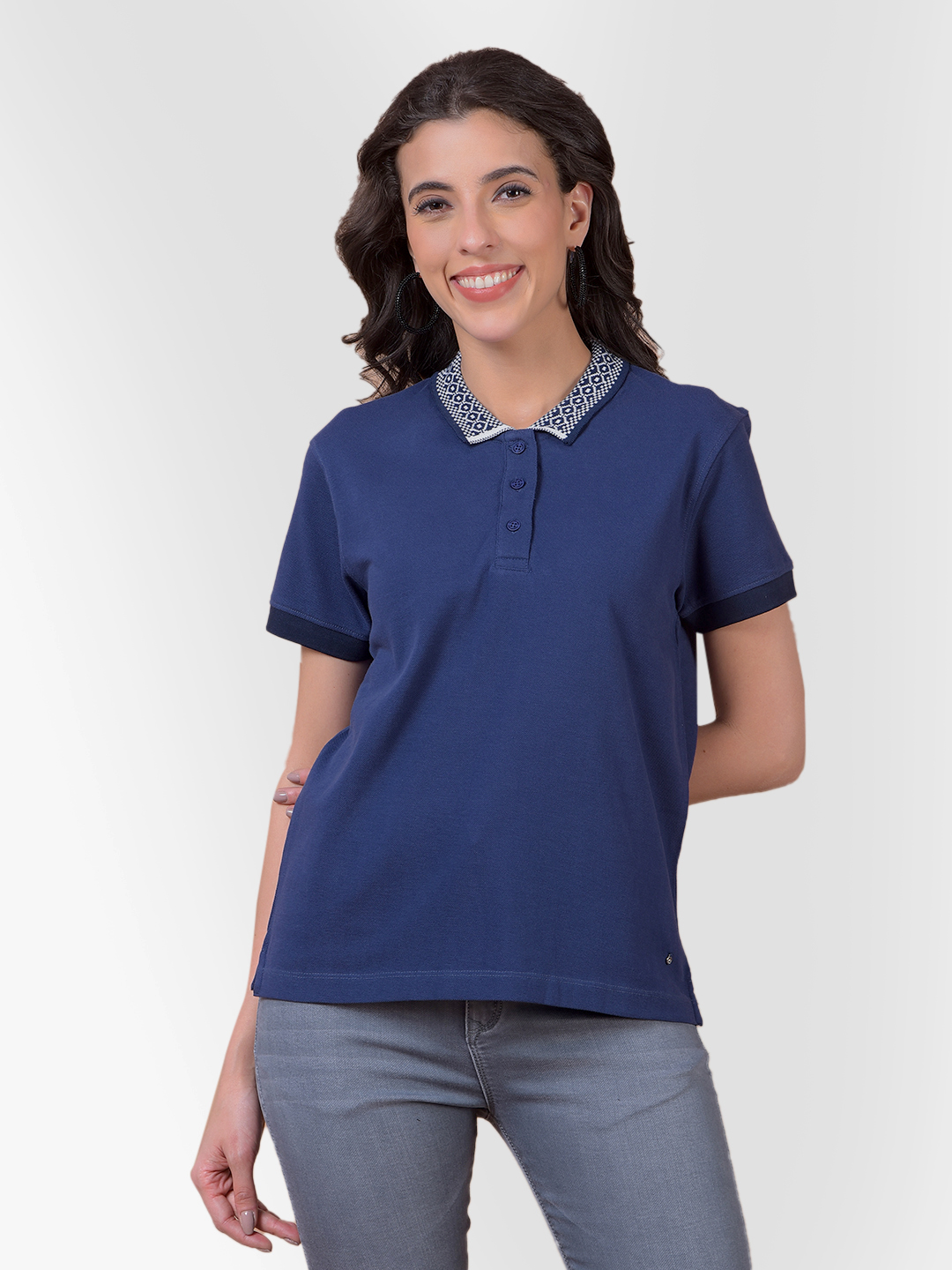 Numero Uno Women Navy Polo Neck T-Shirt With Printed Collar